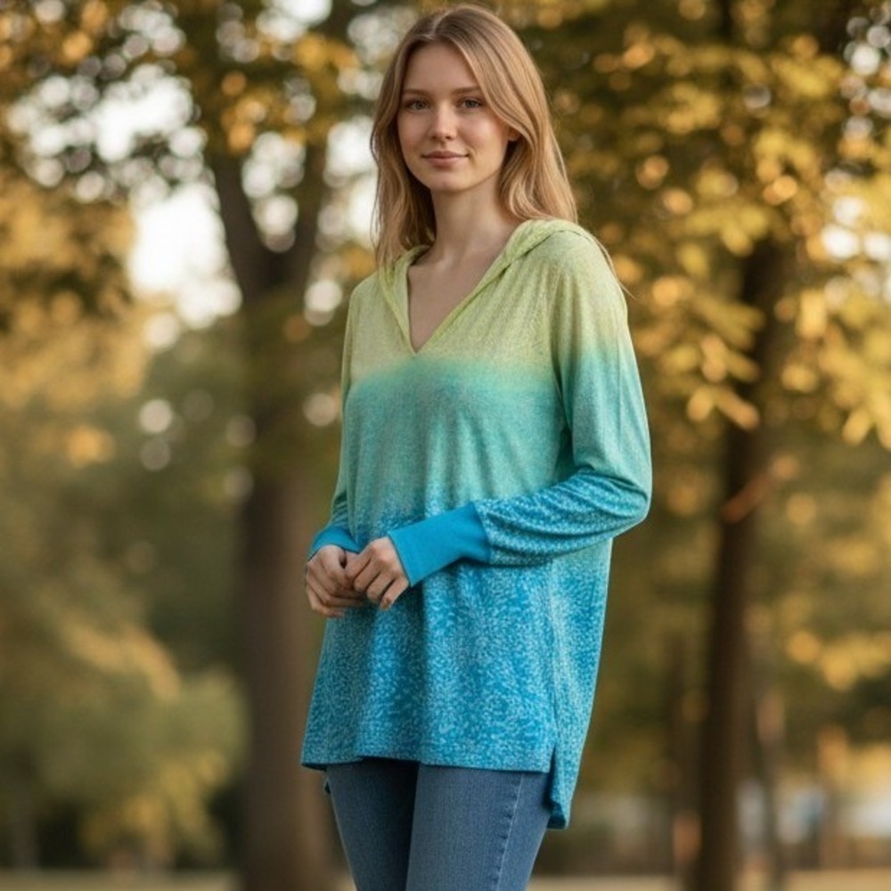 Prana Hoodie Top Women M Blue Yellow Ombre Long Sleeve V-Neck Yoga Pullover